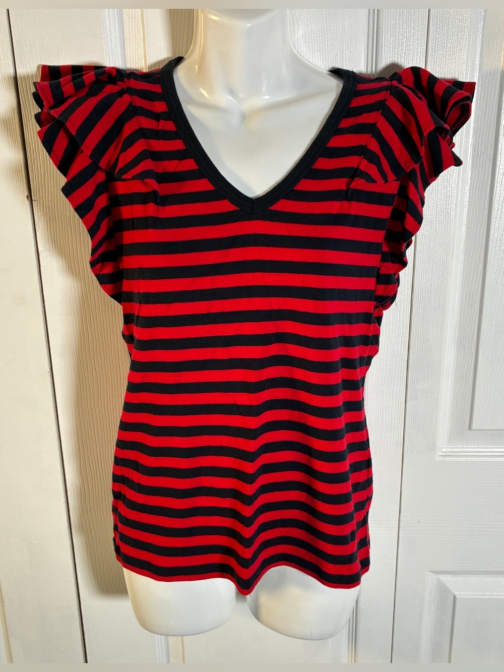 Tommy Hilfiger Red & Navy Stripe Ruffle Flutter Sleeve Top | Size M
